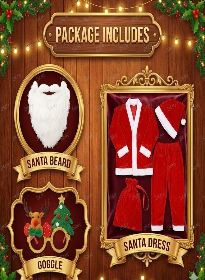 THATHERA Santa Claus Dress For Kids 2-3 Years Boy Girl 6Pc Set with Goggle,Beard,Shirt,Pant,Hat,Goodie Bag Warm Fleece Christmas Fancy Dress Costume School Function Xmas Gift Red Merry - Image 2